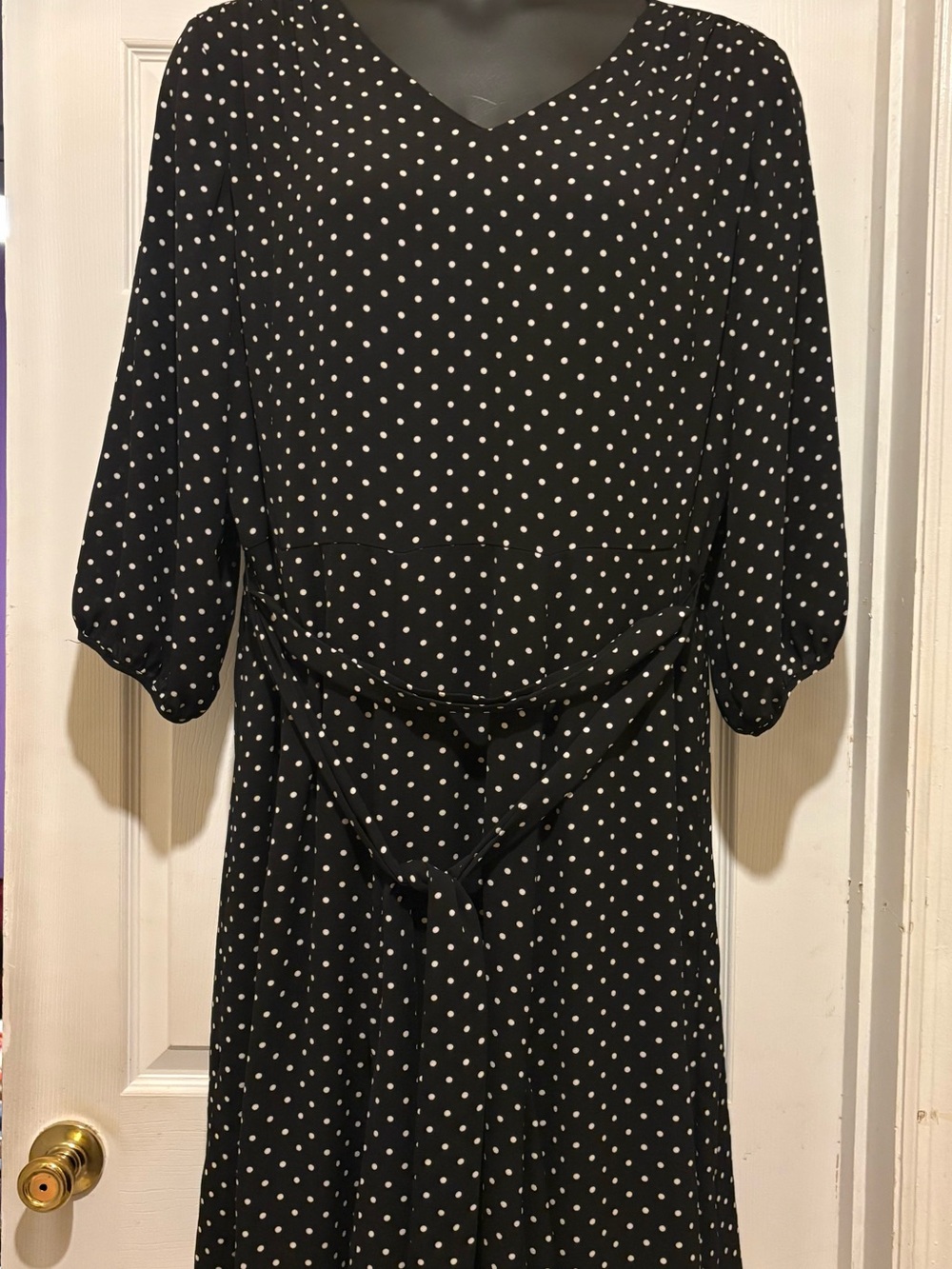 Talbots Black and White Polka Dot V-Neck Midi Dress
